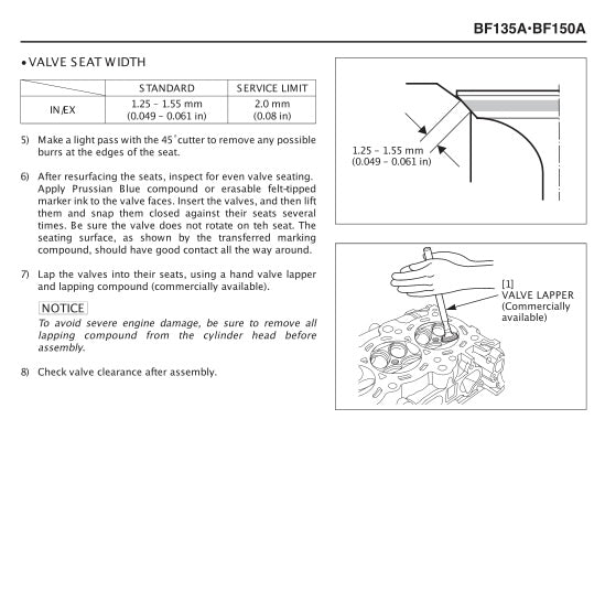 Technical diagram and instructions for valve seat width adjustment on a vehicle engine, with text and illustrations.