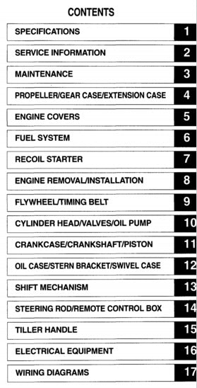 Table of contents for a technical manual or guide with section headings and page numbers.