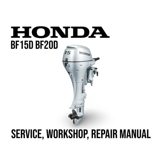 Honda BF15D BF20D outboard motor on a white background with text about service, workshop, and repair manual.