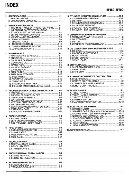 Table of contents for a technical manual on a white background