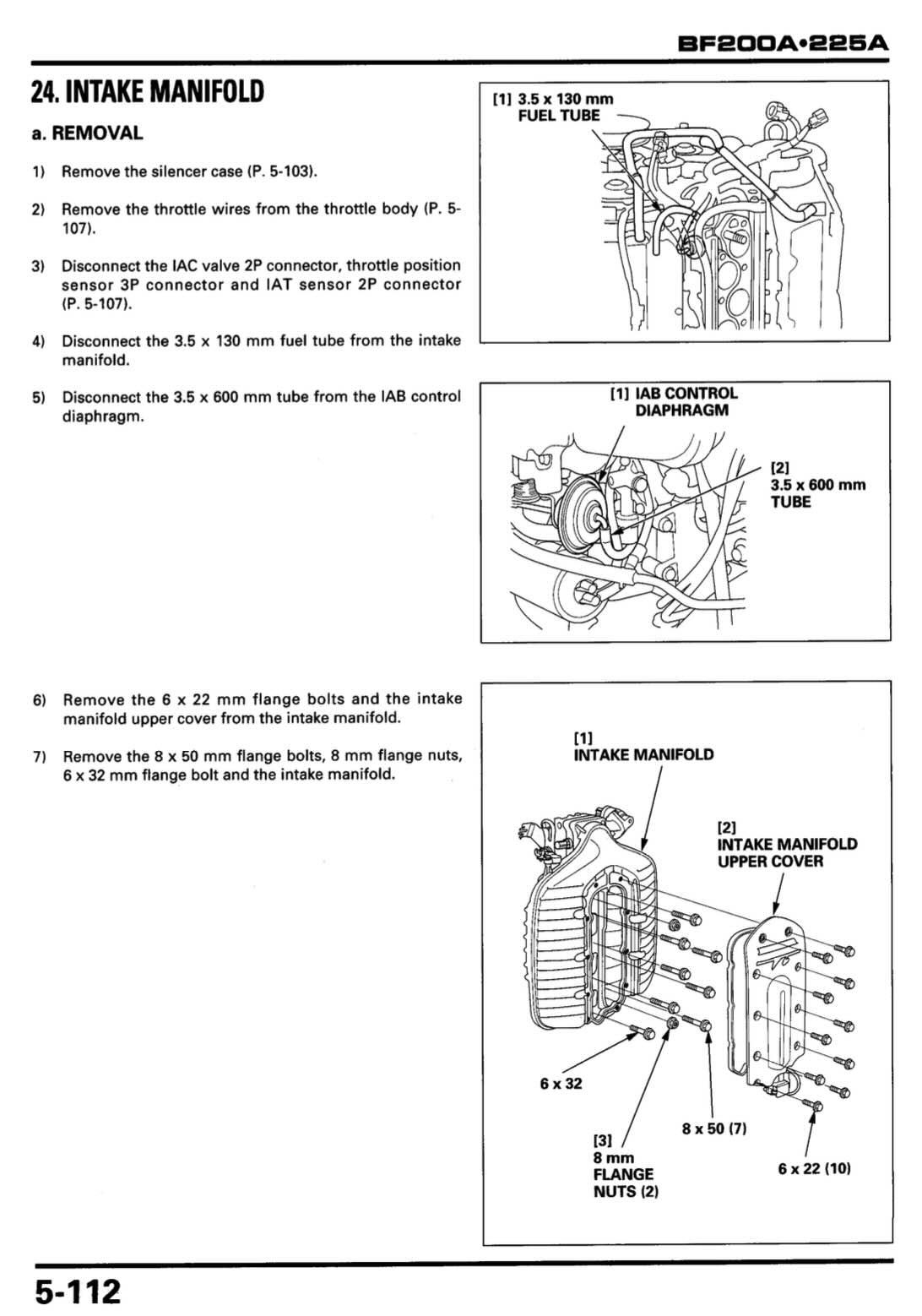 Honda BF200A BF225A service manual page 5-112 with intake manifold removal diagrams showing fuel tube and flange bolts