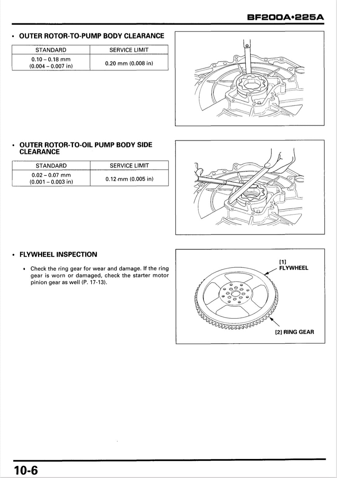Honda BF200A BF225A service manual page 10-6 with oil pump rotor clearance specs and flywheel ring gear inspection diagram