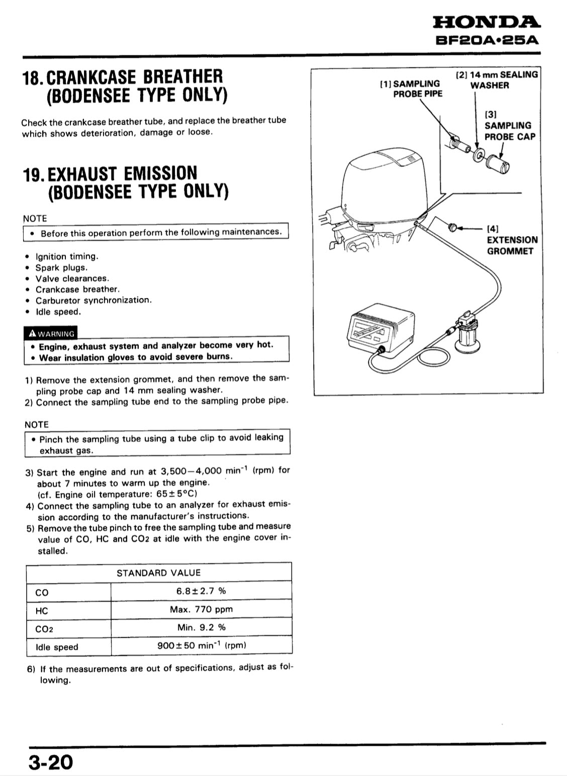 A page from a Honda service manual showing instructions and diagrams for checking and replacing the crankcase breather and exhaust emission tubes. The page includes numbered callouts, a line drawing of the engine components, and a small table with standard values.