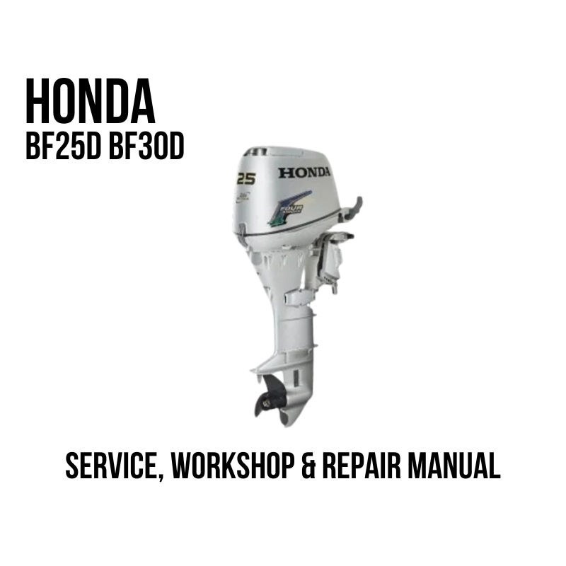 Honda BF25D BF30D Outboard shown in side profile on a white background, with large black text reading 'SERVICE, WORKSHOP & REPAIR MANUAL' at the bottom.