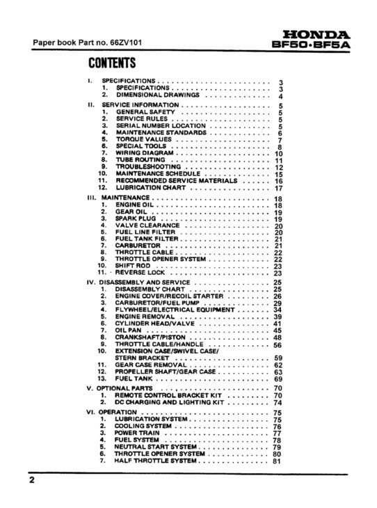 Table of contents for a Honda BF50-BF5A repair manual on a white background.