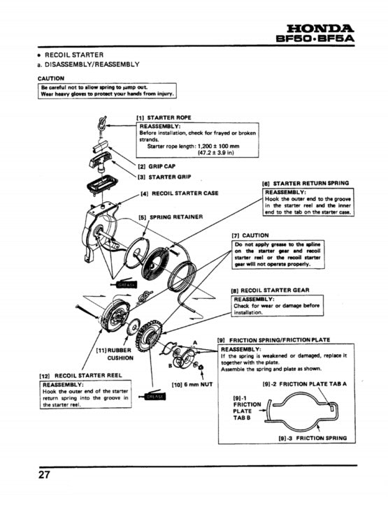 Technical diagram of a Honda BF50-BF6A recoil starter assembly on a white background.