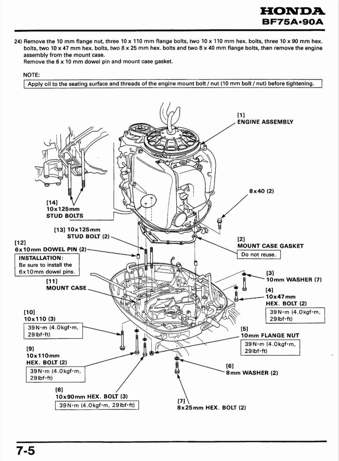 A black and white technical schematic diagram from a Honda service manual, showing the engine mount assembly with labeled parts, bolts, nuts, and installation notes.
