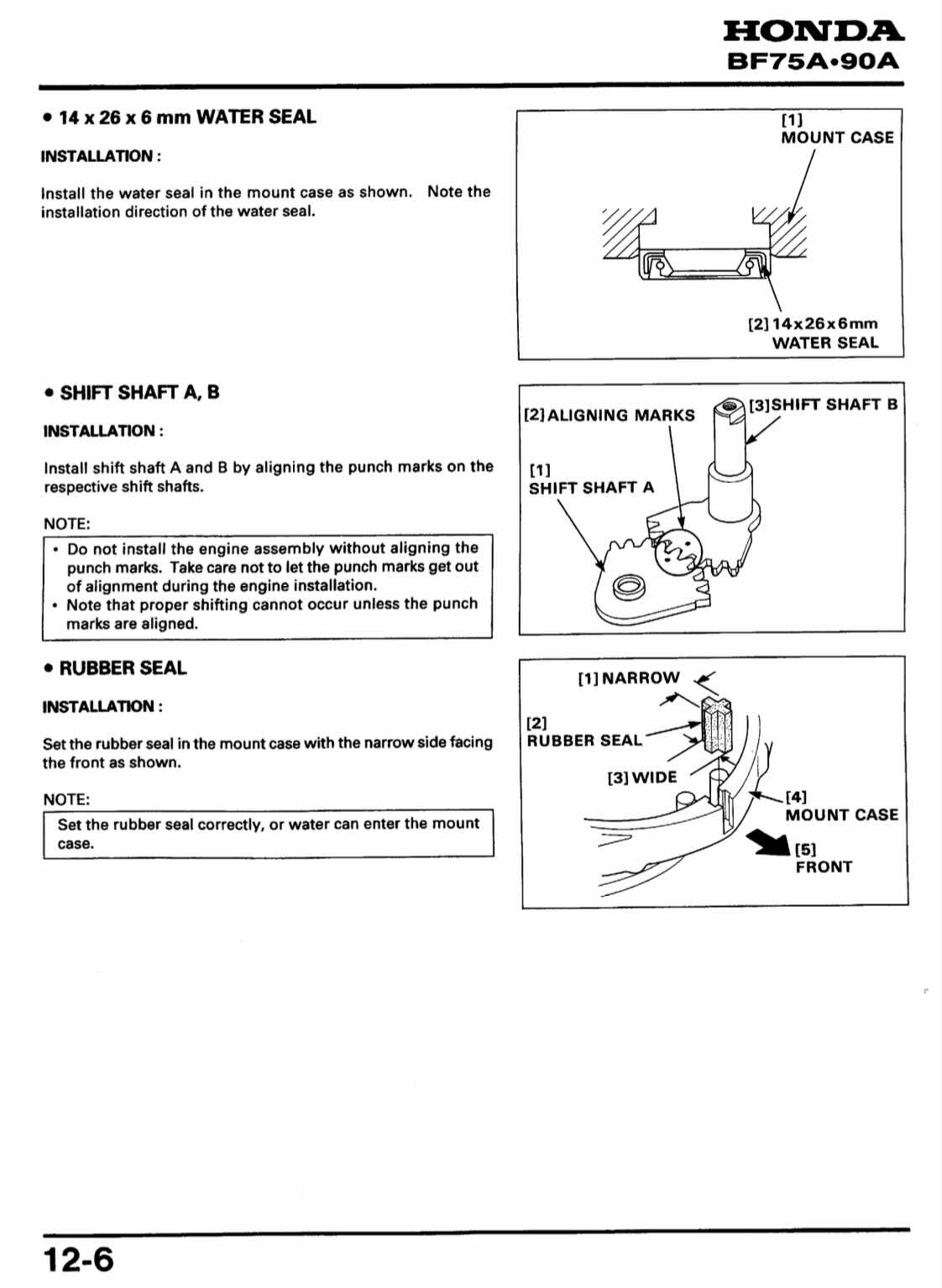 A black and white instruction sheet from Honda (model BF75A-90A) detailing the installation of water seal, shift shafts, rubber seal, and mounting cases, complete with numbered diagrams and reference numbers.