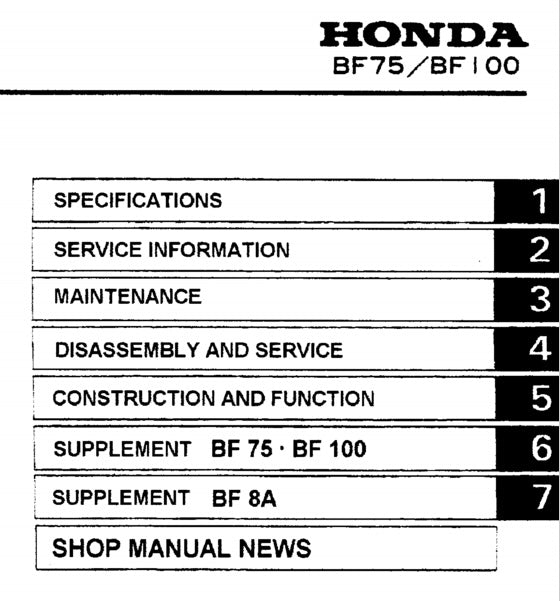 Honda BF8A BF75 BF100 Outboard Engine Service Manual
