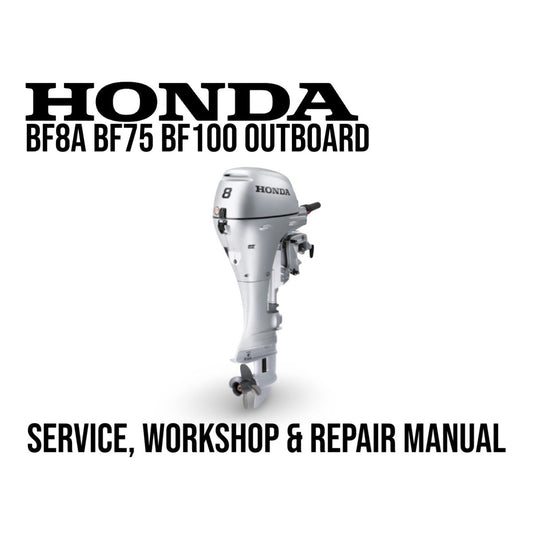 Honda BF8A BF75 BF 100 outboard motor with text about service, workshop, and repair manual on a white background