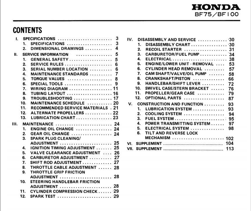 Honda BF8A BF75 BF100 Outboard Engine Service Manual