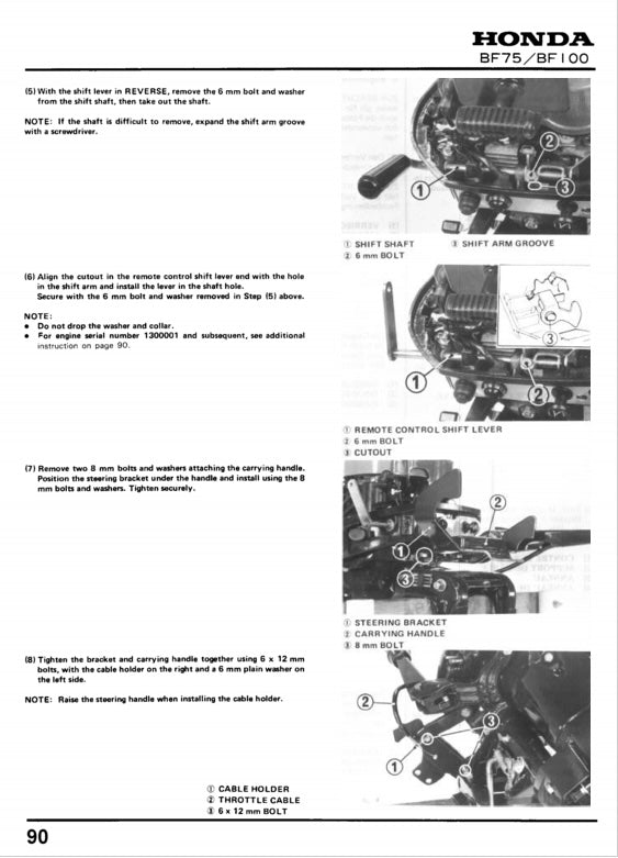 Technical diagram and instructions for Honda BF75/BF100 models on a white background.