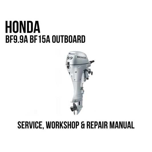 Honda BF9.9A BF15A outboard motor shown on a white background with text reading 'HONDA BF9.9A BF15A OUTBOARD'