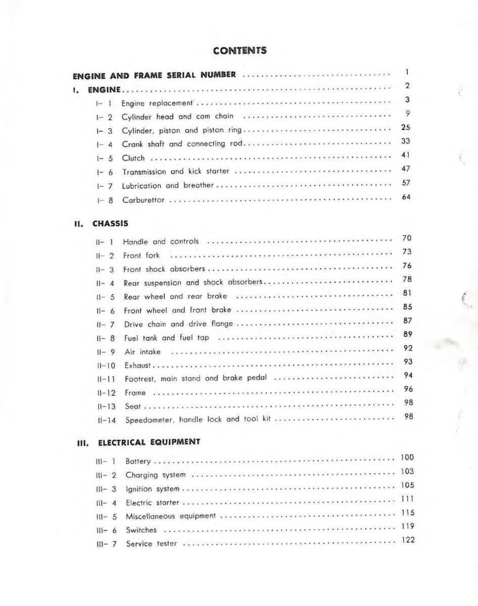 Table of contents for a technical manual on engine, frame, and electrical equipment.
