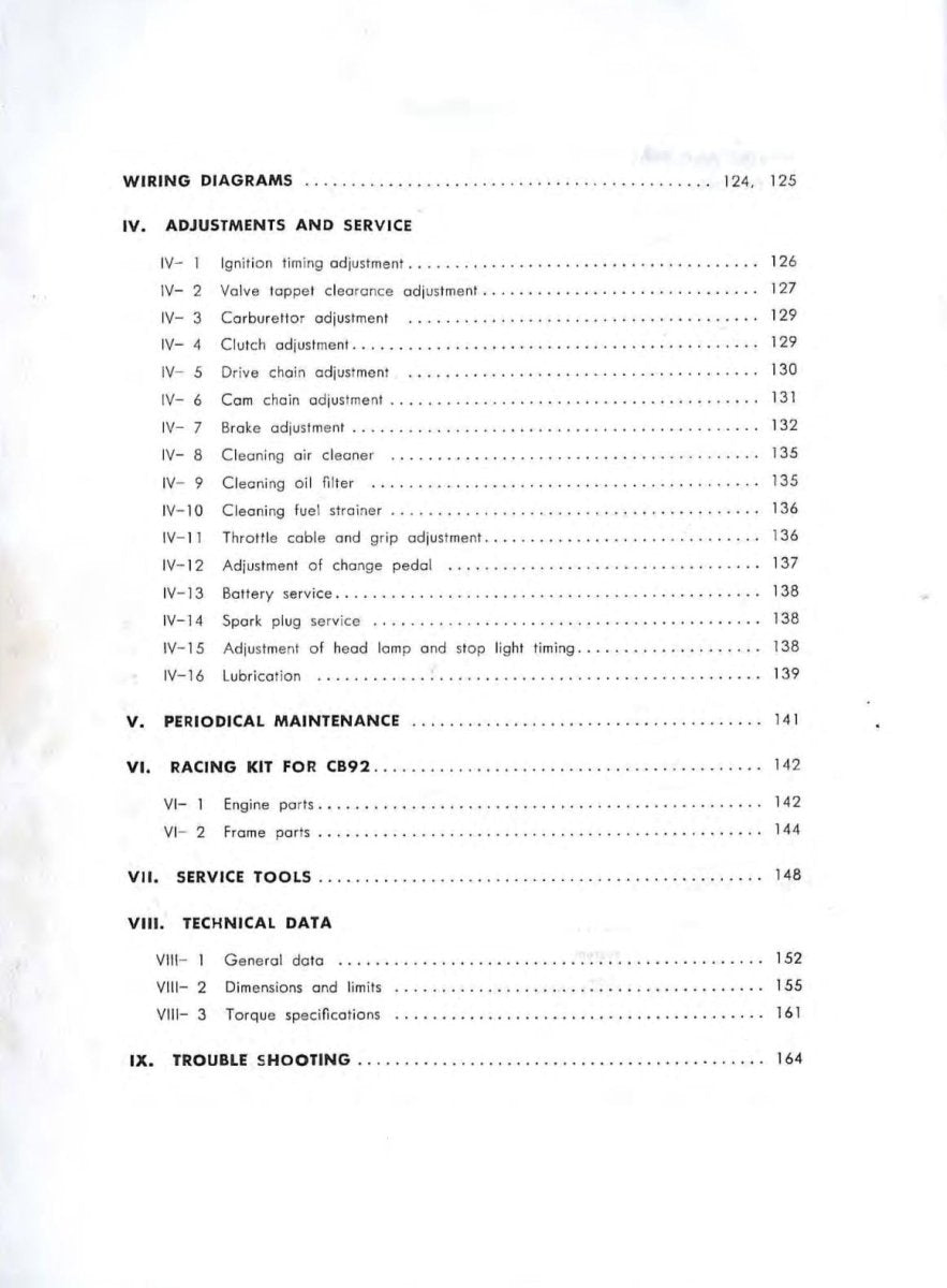 Table of contents page from a technical manual on a white background