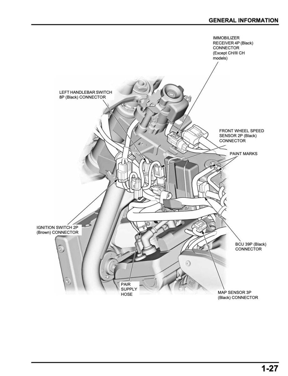 Technical diagram of a motorcycle's electrical system with labeled parts on a white background.