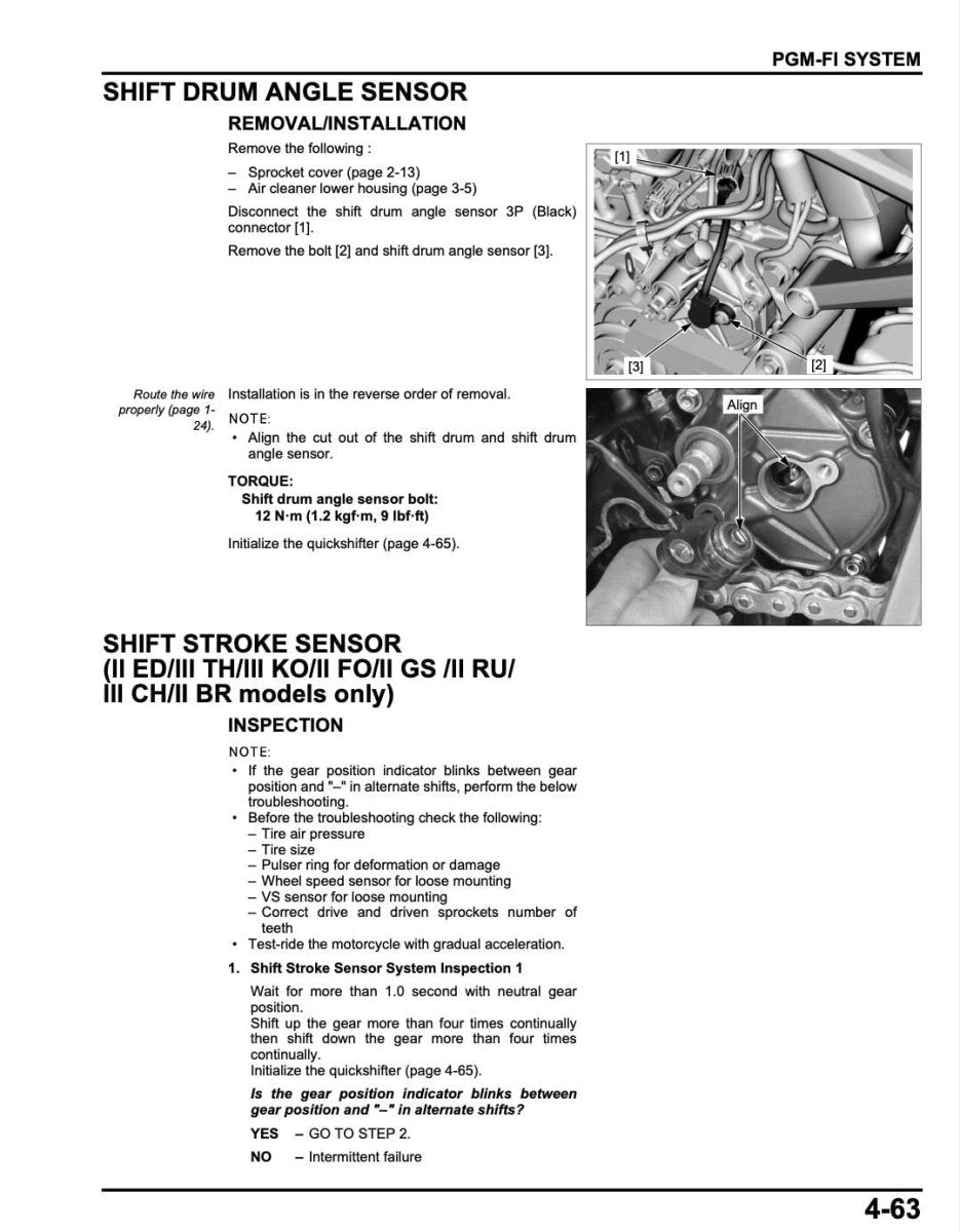 Technical manual page for shift drum angle sensor and shift stroke sensor with illustrations and text.