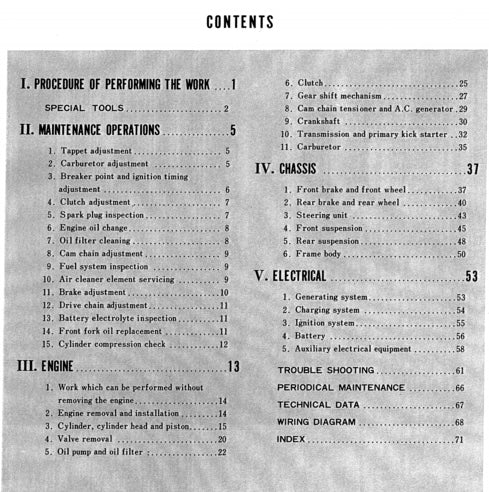 Table of contents from a mechanical manual on a gray background