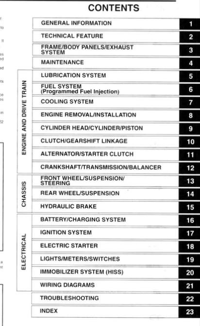 A black-and-white printed table of contents page from a manual, listing chapter and section titles such as general information, technical feature, cooling system, engine removal/installation, chassis, electrical, battery/charging system, ignition system, electric starter, lights/meters/switches, immobilizer system (HIS), wiring diagrams, troubleshooting, and index with page numbers.