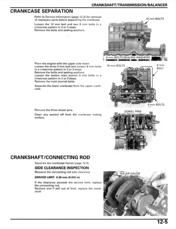 A black-and-white printed service manual page with labeled diagrams and text for crankcase separation and crankshaft/connecting rod inspection, including photos of an engine component and bolt specifications.