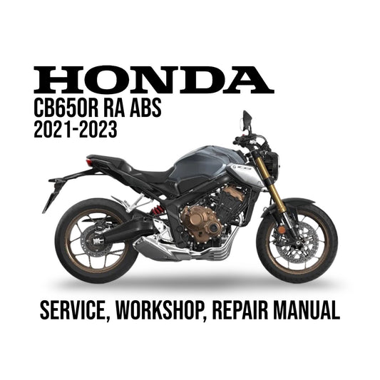 Honda CB650R RA ABS service, workshop, repair manual cover with motorcycle on a white background