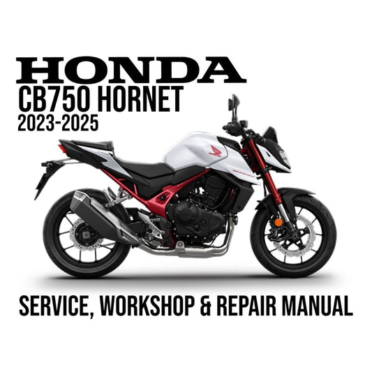 Honda CB750 Hornet motorcycle with text about service, workshop, and repair manual on a white background