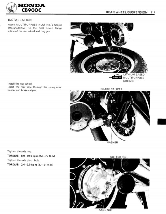 Technical diagram of Honda CB900C rear wheel/suspension installation process on a white background.