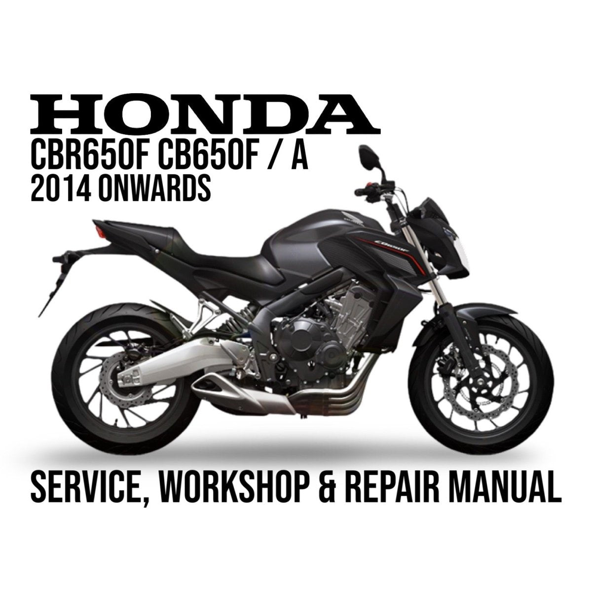 Honda CBR650F motorcycle on a white background with text about service, workshop, and repair manual.