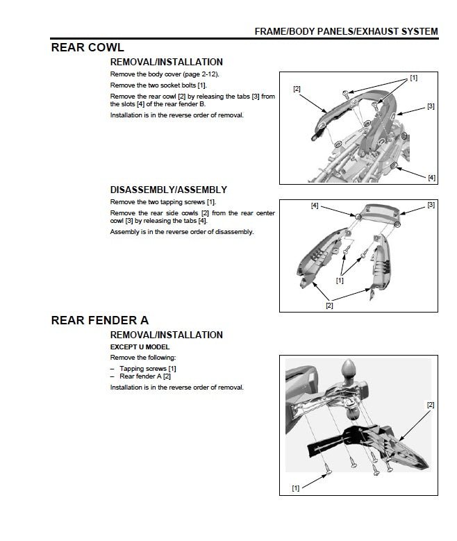 Technical diagram for removing and installing a rear cowl and fender on a vehicle.