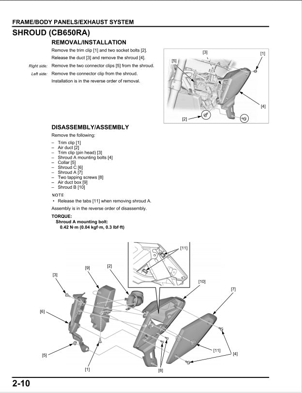 Technical diagram and text for shroud removal and installation on a motorcycle, with labeled parts and steps.