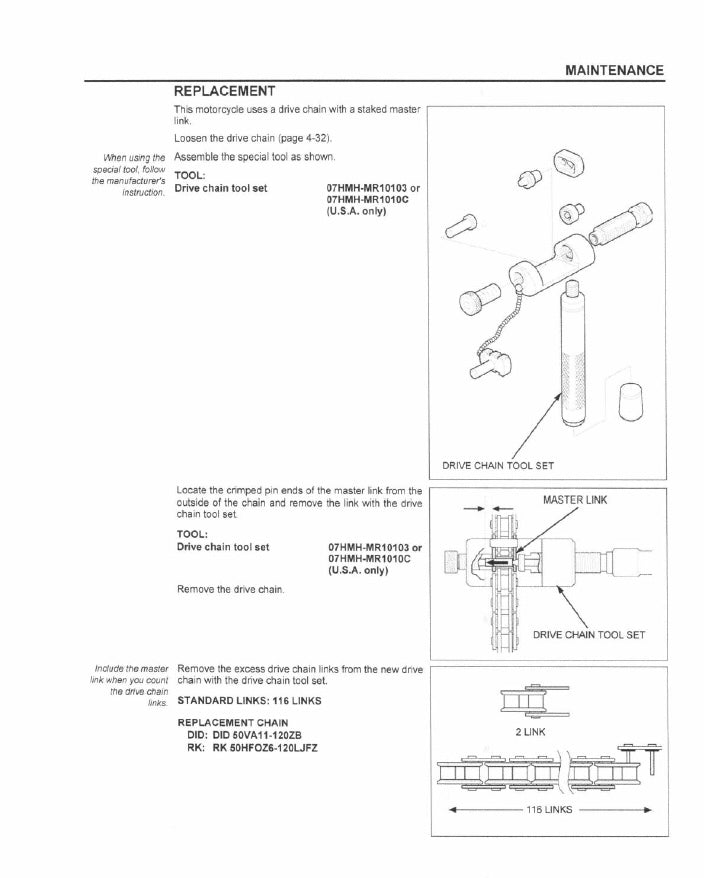 Technical diagram and text for motorcycle chain replacement on a white background