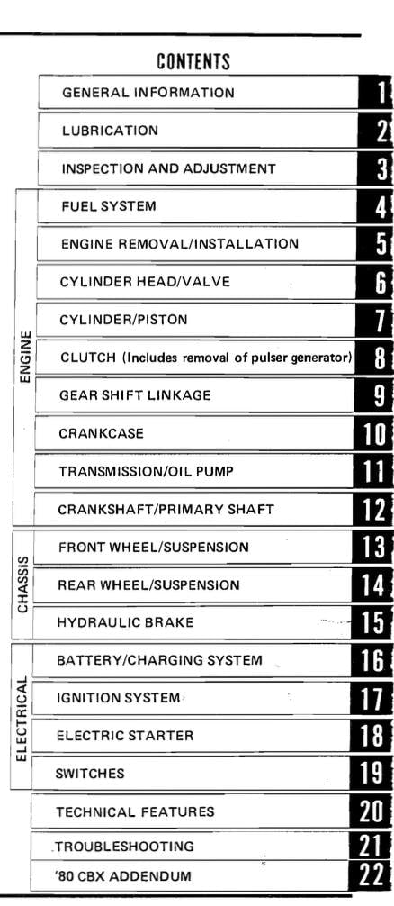 Table of contents for a technical manual on various vehicle components.