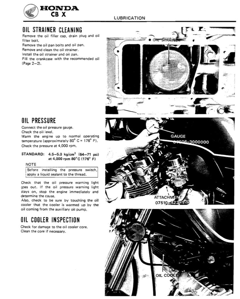 Technical manual page for Honda CB X motorcycle lubrication with text and diagrams.