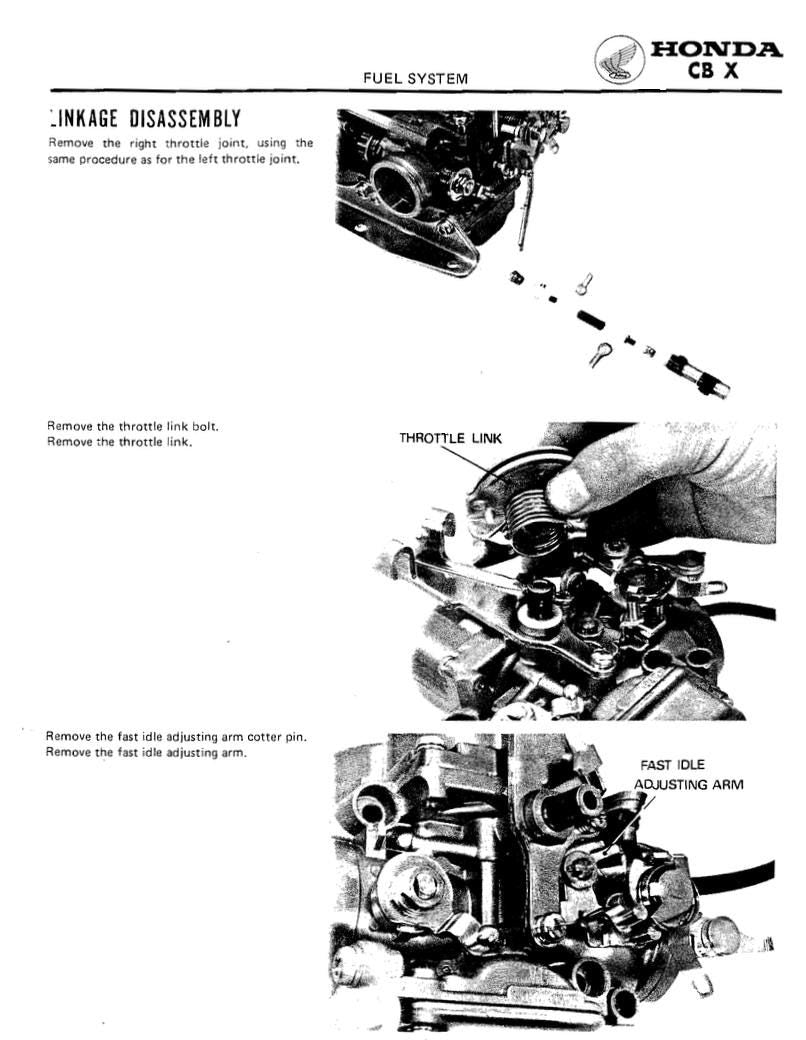 Technical diagram of Honda CBX fuel system disassembly with text instructions.