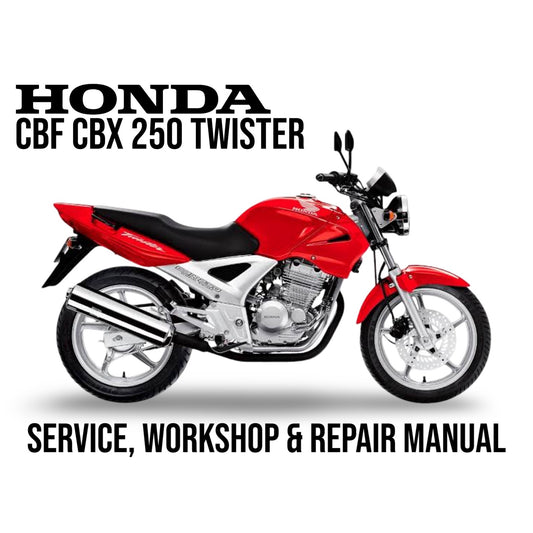 Red Honda CBF CBX 250 Twister motorcycle on a white background with text about service, workshop, and repair manual.