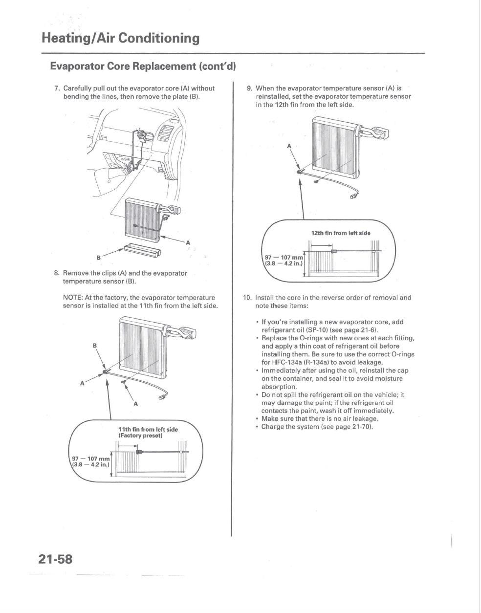 Technical diagram for evaporator core replacement in heating and air conditioning, with labeled parts and text instructions.