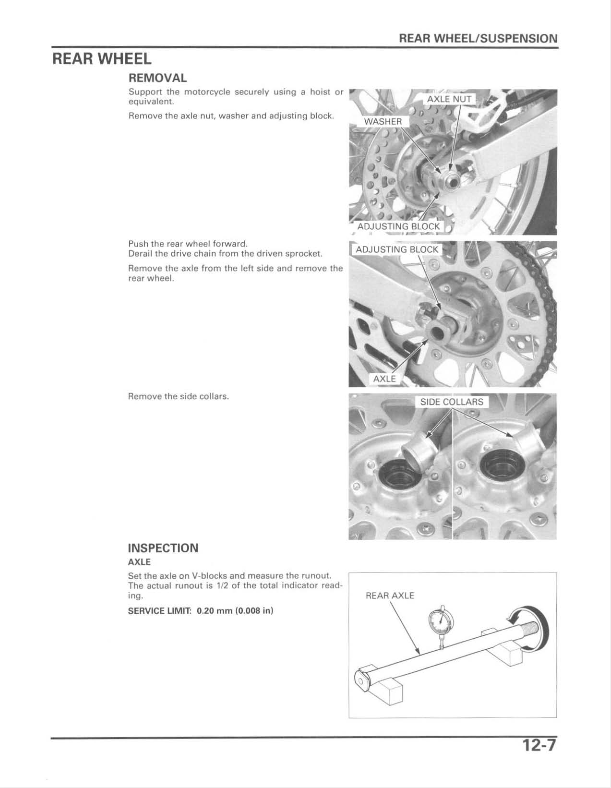 A service manual page for rear wheel and suspension, showing removal and inspection steps with labeled photos of a motorcycle rear axle, wheel, side collar, and a schematic diagram of the axle assembly.