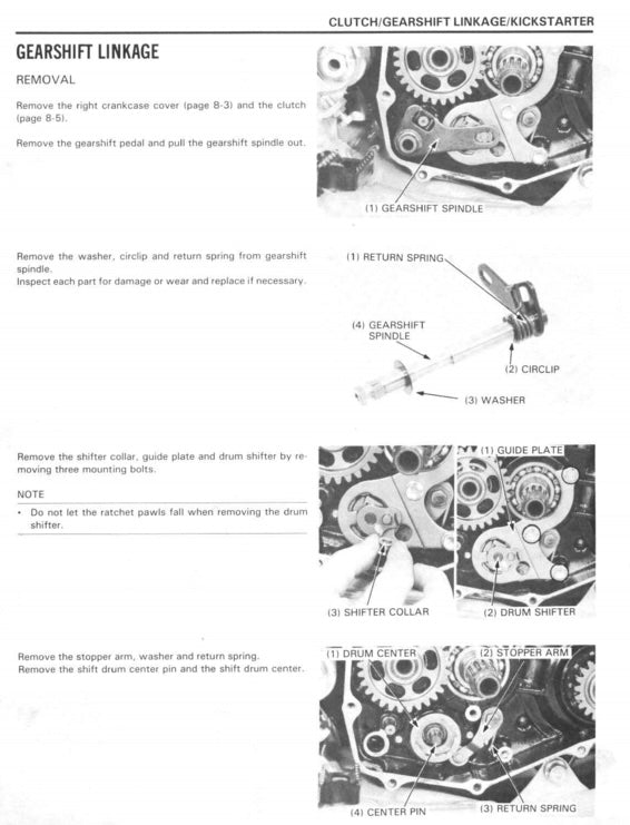Mechanical diagram of gearshift linkage removal with labeled parts on a white background