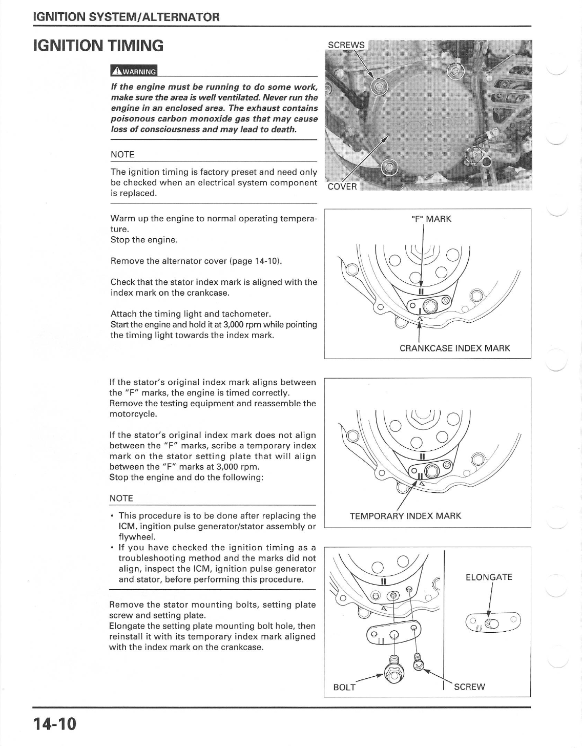 A technical instruction sheet titled 'IGNITION SYSTEM/ALTERNATOR IGNITION TIMING' with text instructions and labeled diagrams showing screws, cover, drawcase index mark, temporary index mark, elongate, and bolt placement.