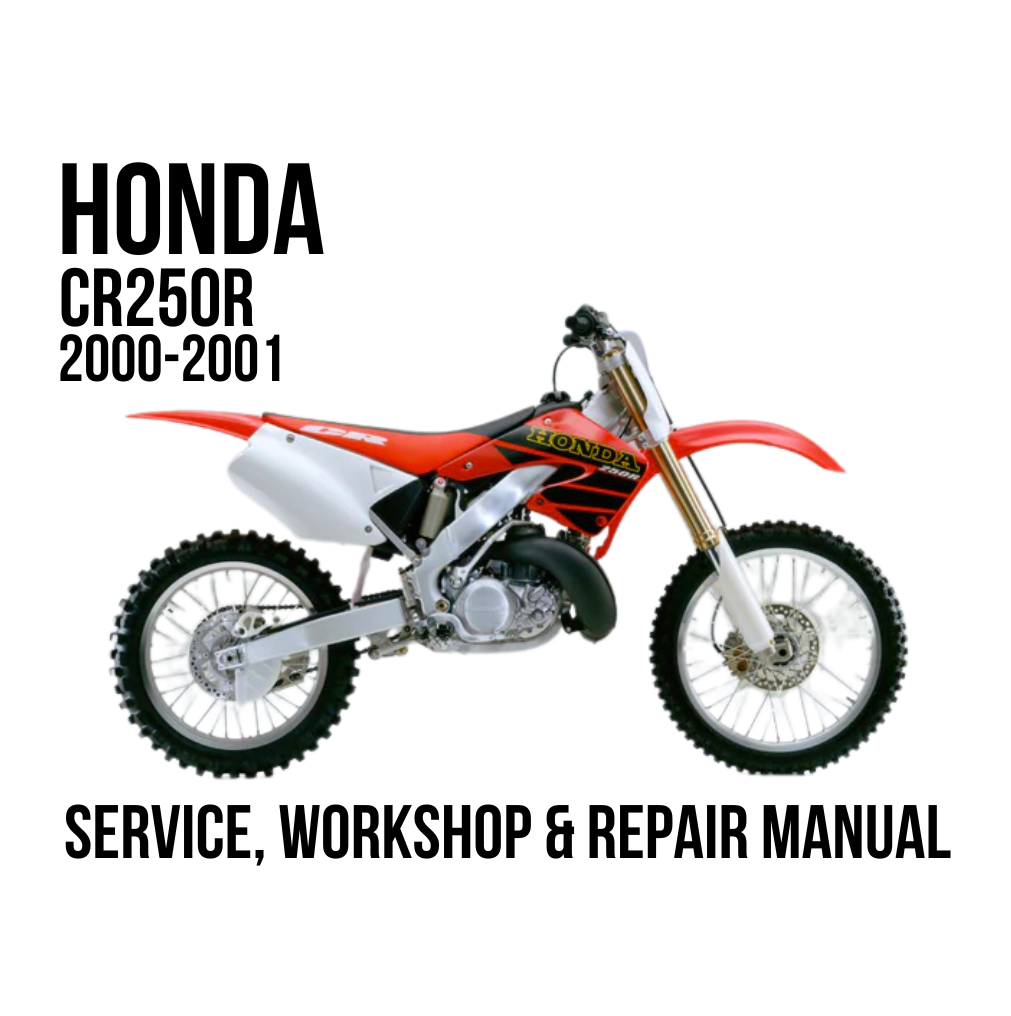A red and white Honda CR250R dirt bike shown on a white background with large black text reading 'HONDA CR250R 2000-2001' and 'SERVICE, WORKSHOP & REPAIR MANUAL'.