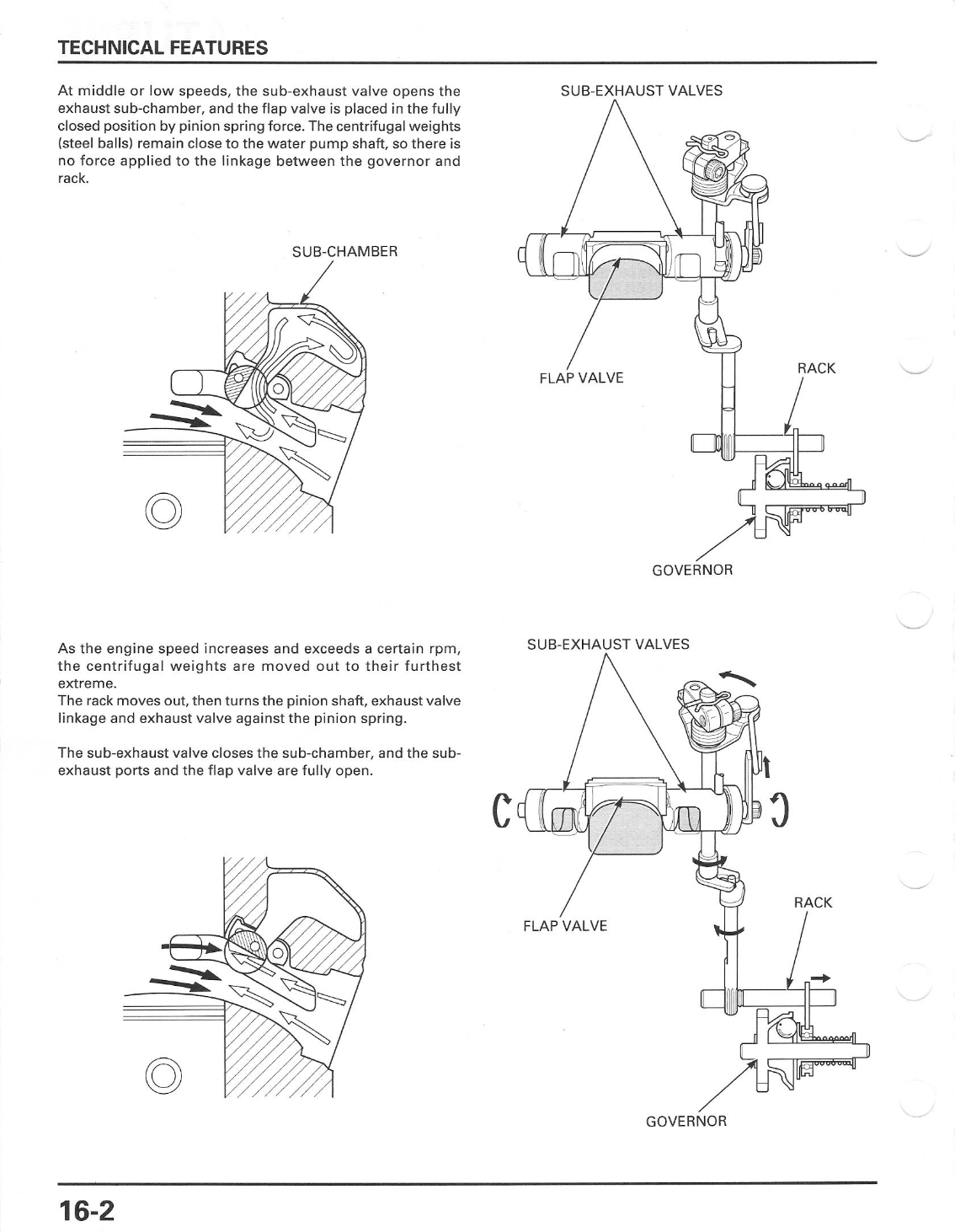 A technical features page from an engine manual showing labeled diagrams of a sub-exhaust valve assembly, including flap valve, governor, and rack, with explanatory text on a white background.