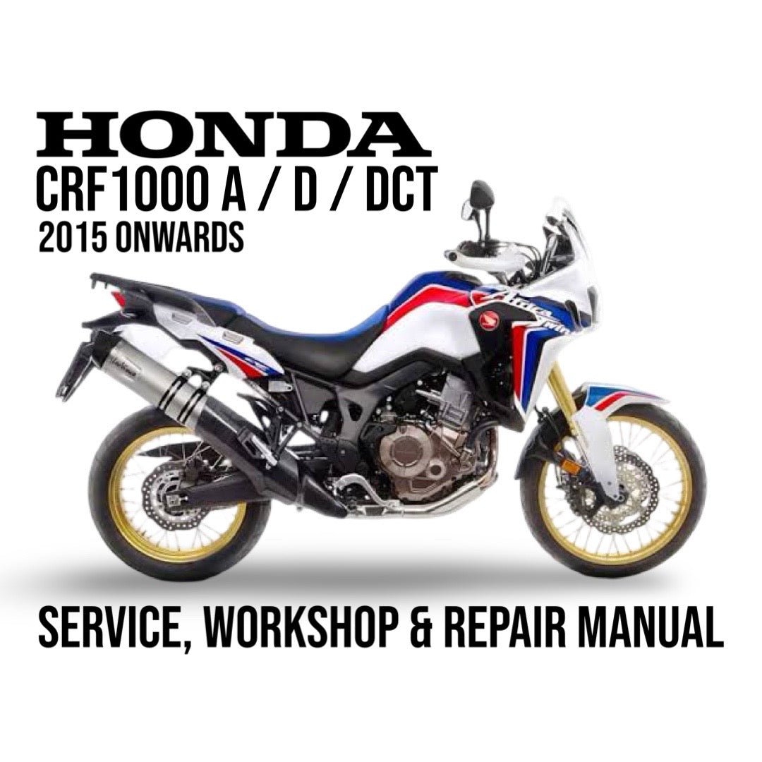 Honda CRF1000 A/D/DCT motorcycle on a white background with text about service, workshop, and repair manual.