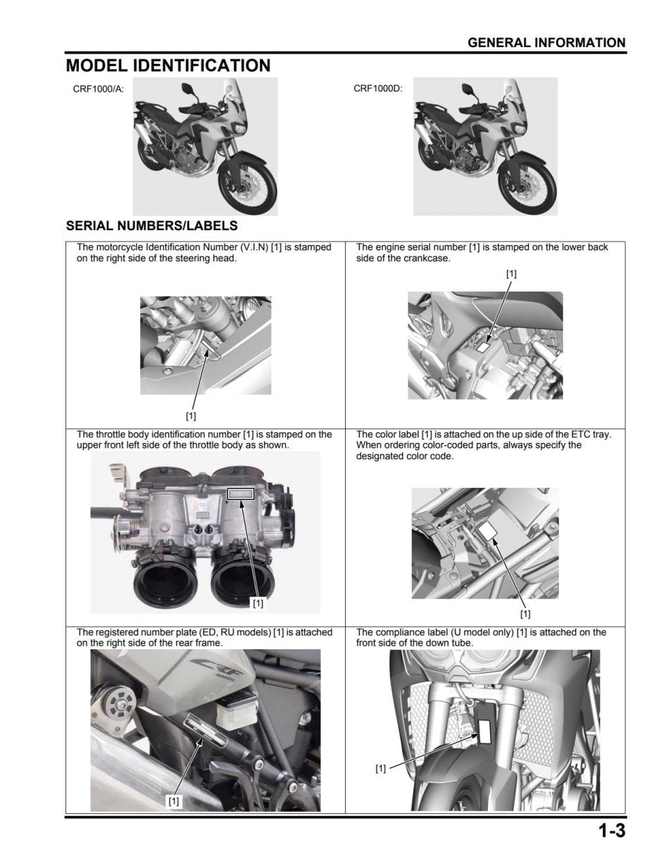 Technical diagram of a motorcycle with labeled parts and text on model identification and serial numbers.