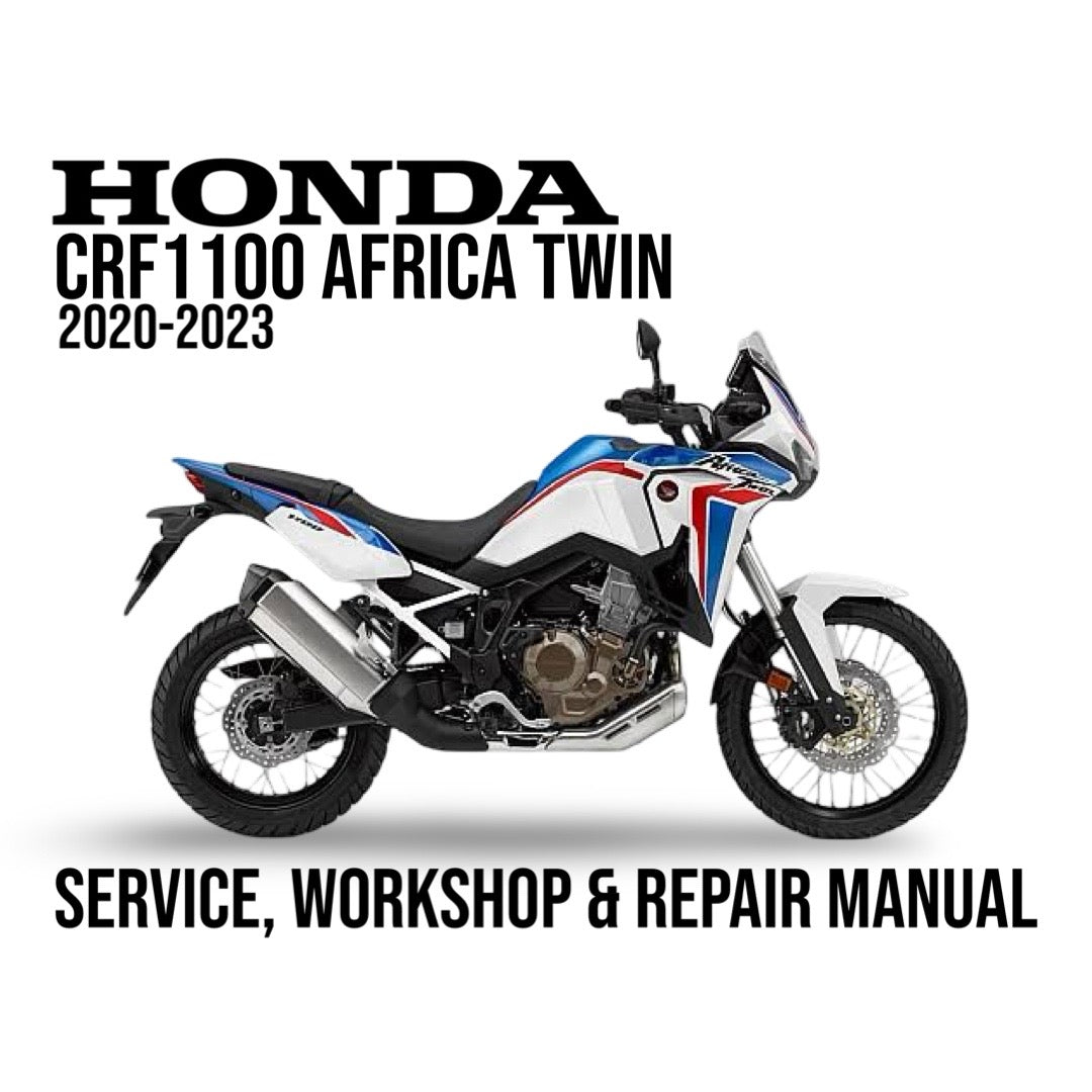 Honda CRF1100 Africa Twin motorcycle on a white background with text about a service, workshop, and repair manual.