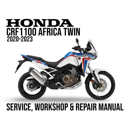 Honda CRF1100 Africa Twin motorcycle on a white background with text about a service, workshop, and repair manual.