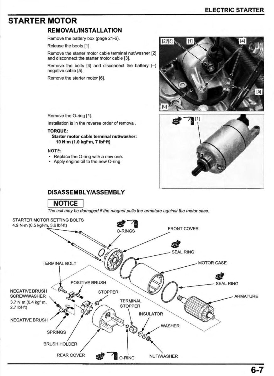 Technical diagram and instructions for starter motor removal and installation on a vehicle.