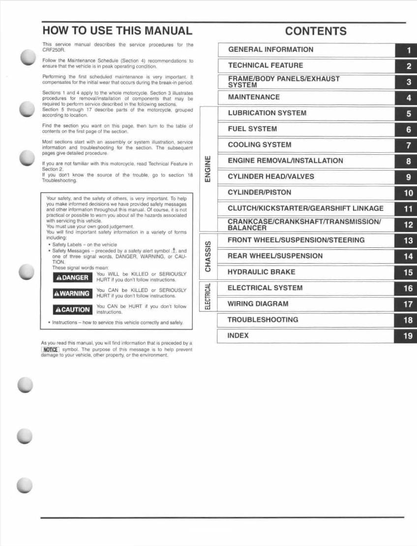 Table of contents page for a manual with section headings and page numbers.