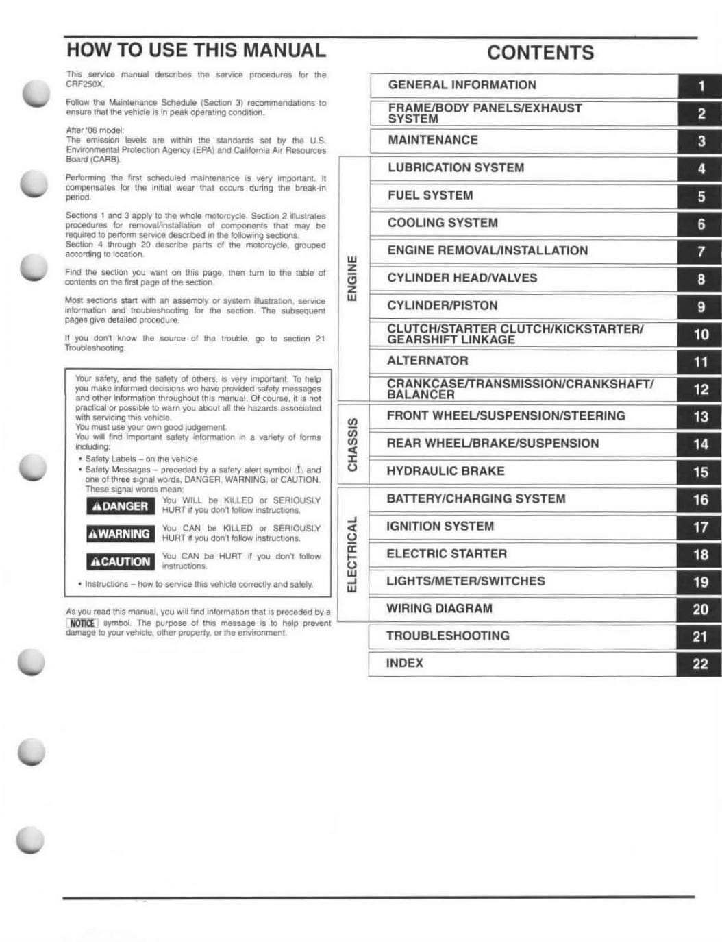 Table of contents for a vehicle maintenance manual on a white background
