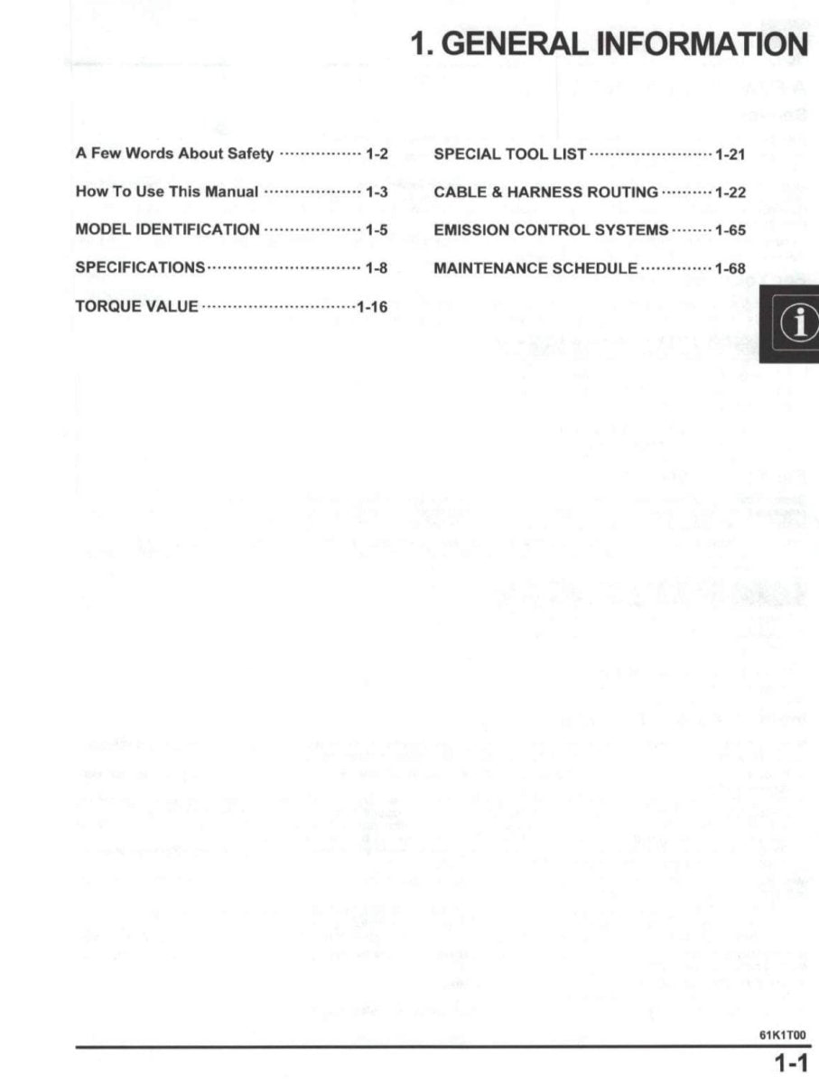 Table of contents for a manual on a white background