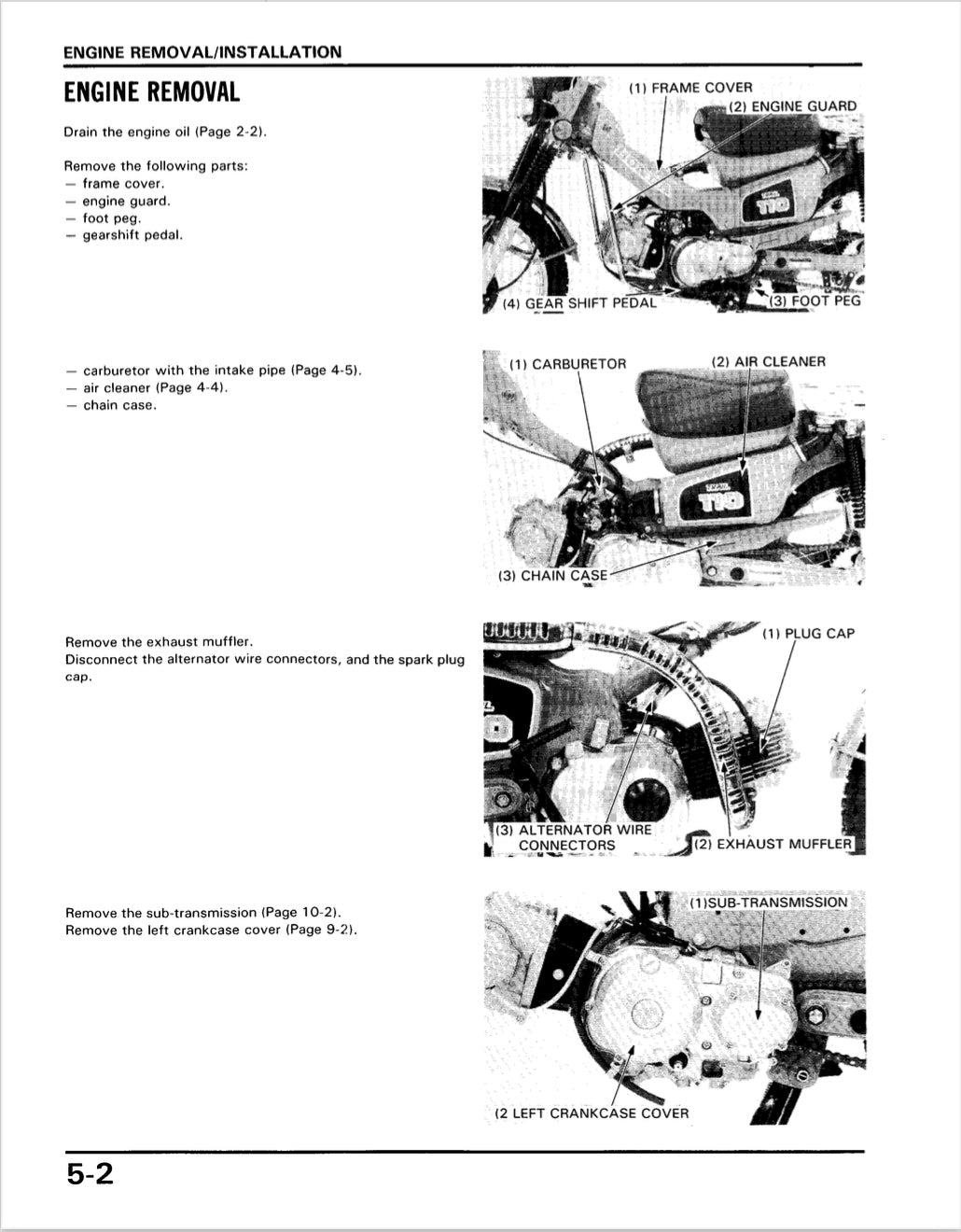 Technical diagram of engine removal/installation process with labeled parts.